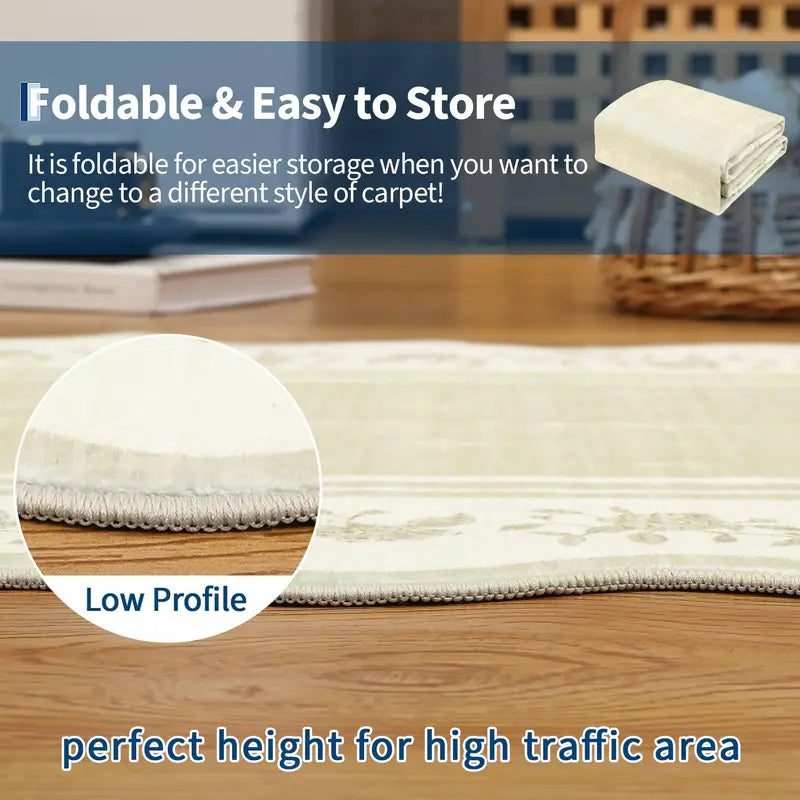 8x10 Beige Scalloped Edge Washable Area Rug - Low Pile, Stain-Resistant Floor Carpet for Living Room & Bedroom