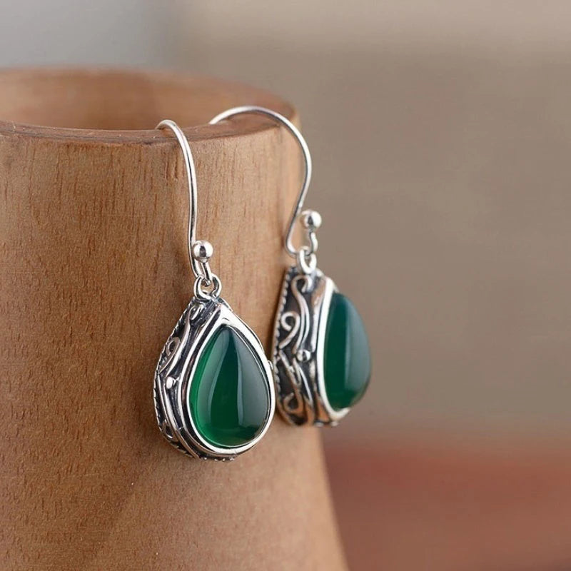 Ethnic Style Drop Earrings for Women with Carved Pattern - Pear Stone Dangle Jewelry