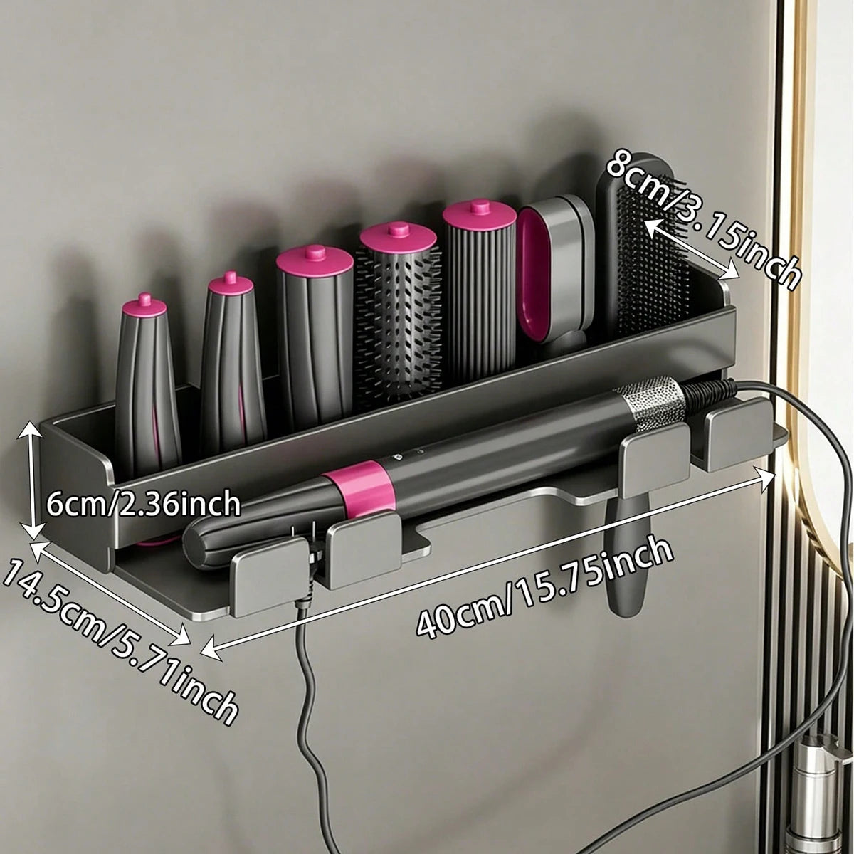 Wall-Mounted Hair Dryer & Styling Tool Storage Rack No-Drill Bathroom Organizer