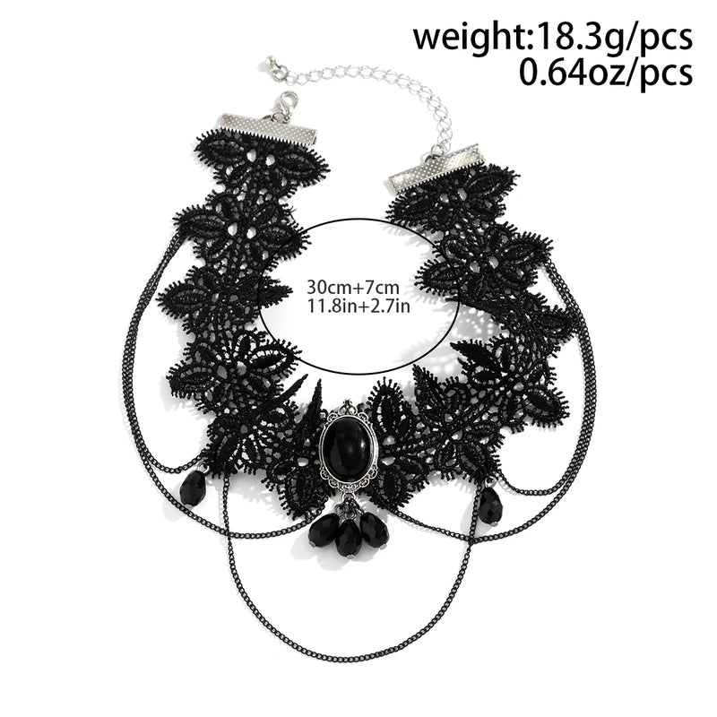 Gothic Black Lace Rope Chain Necklace with Crystal Beads and Geometric Charm - Girls Women Party Jewelry