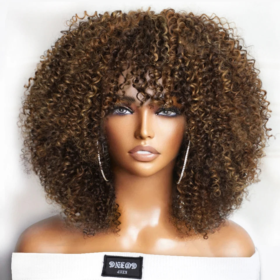 Kinky Curly Wig with Bangs - Full Machine Human Hair, Highlight Colors