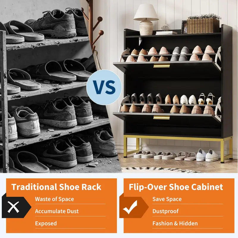 Narrow Shoe Cabinet with Flip Drawers, Adjustable Shelves, Dustproof Back - Freestanding Entryway Storage