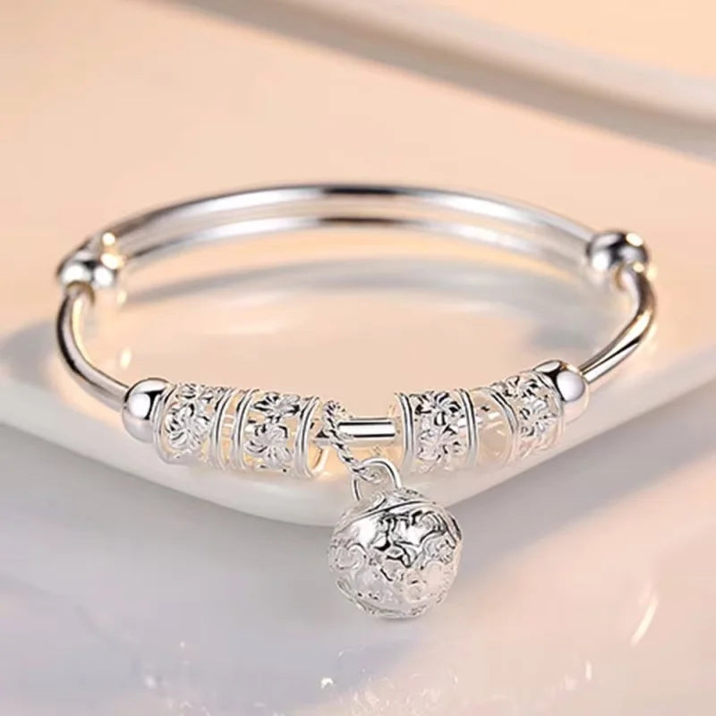 Sterling Silver Hollow Bells Ball Bangles for Women Adjustable Jewelry