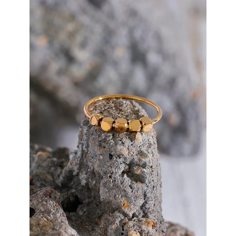 Stainless Steel Square Beaded Ring for Women - Gold Silver Color Jewelry