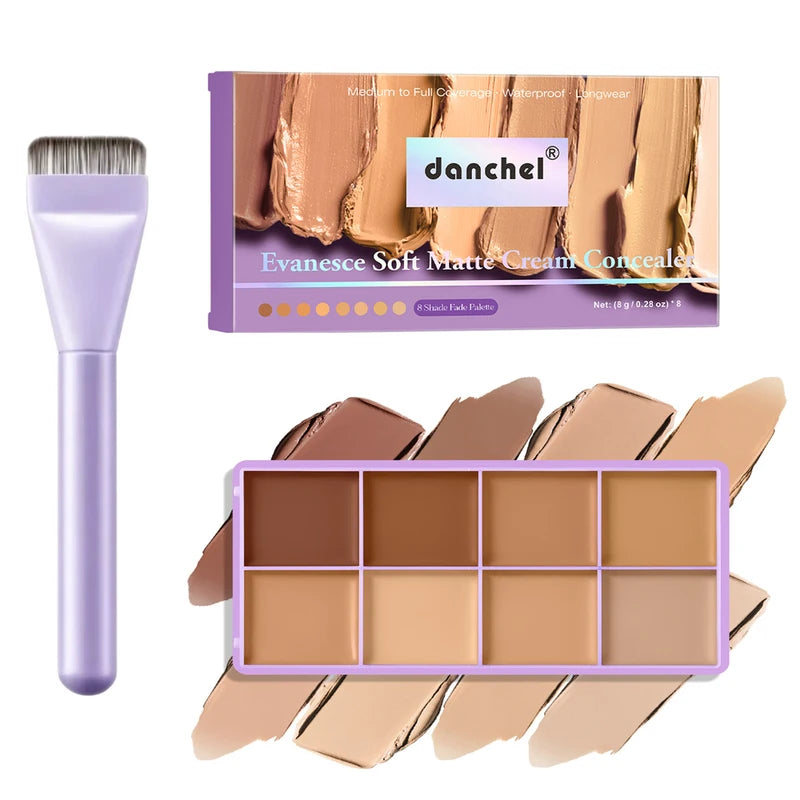 Full Coverage Concealer Palette 8 Shades Waterproof Matte Cream with Brush