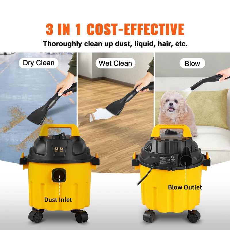Portable Wet Dry Shop Vacuum 2.6 Gallon 2.5 Peak HP with Blowing Function