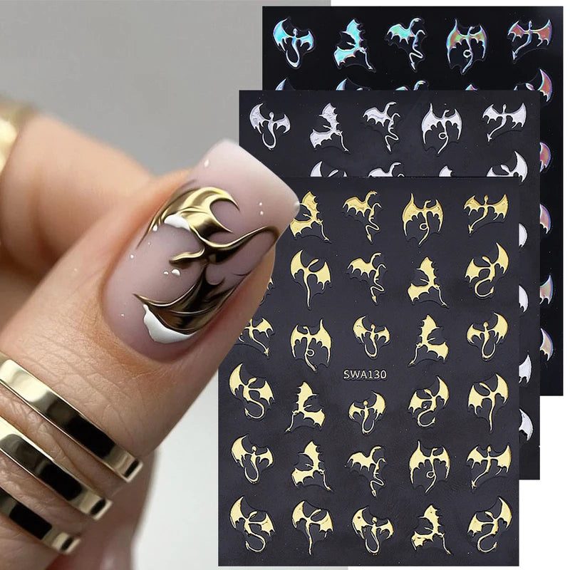 3pcs Metallic Flying Dragon Nail Stickers Halloween Nail Art Decals Gold Silver
