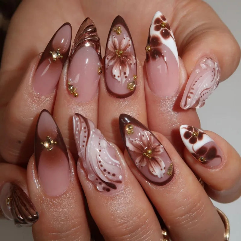 Gradient Nude & Brown Fake Nails Set with Flowers Rhinestones - Fall Winter Almond Tips, Press On Nail Art