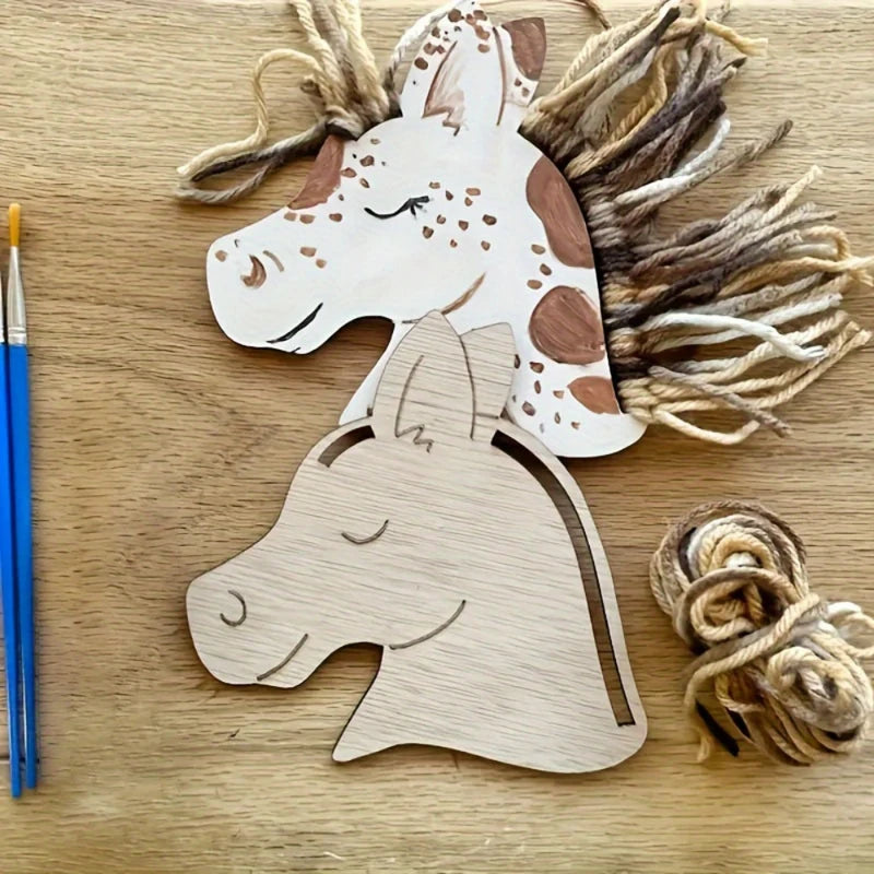 Wooden Horse-Head-Shaped Ornaments Set for Painting DIY Crafts Party Decor