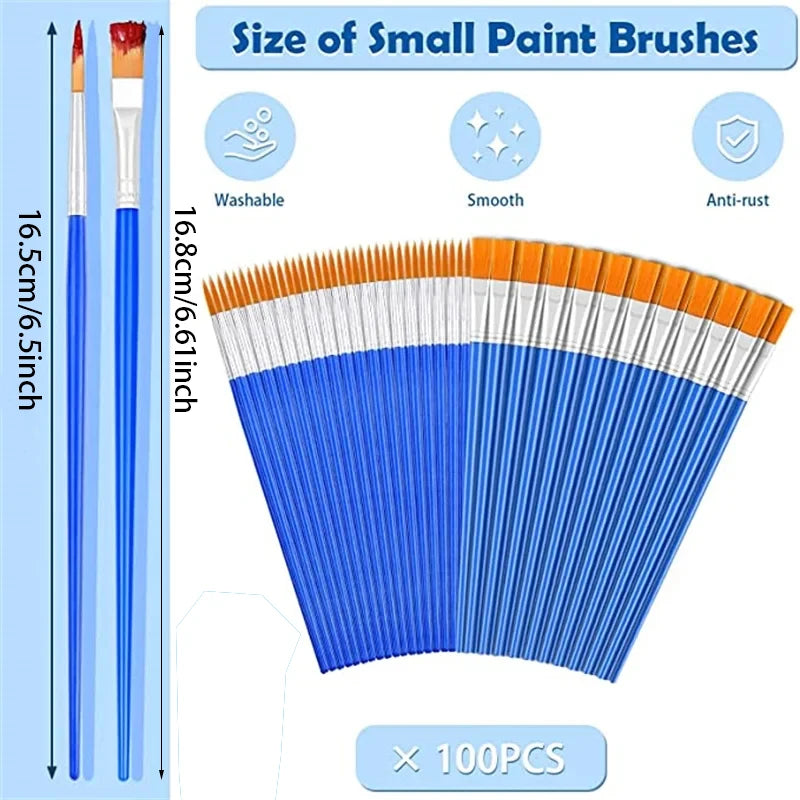 Kids Paint Brush Set 100pcs Assorted Flat Round Pointed Watercolor Oil Acrylic Craft