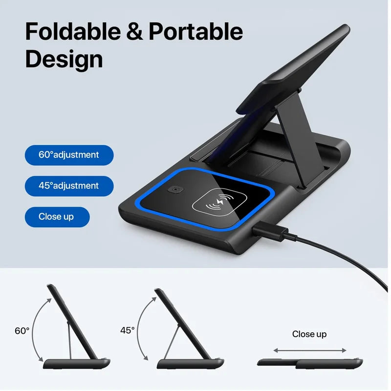 15W 3-in-1 Wireless Charging Station for iPhone, Apple Watch & AirPods - Foldable Stand