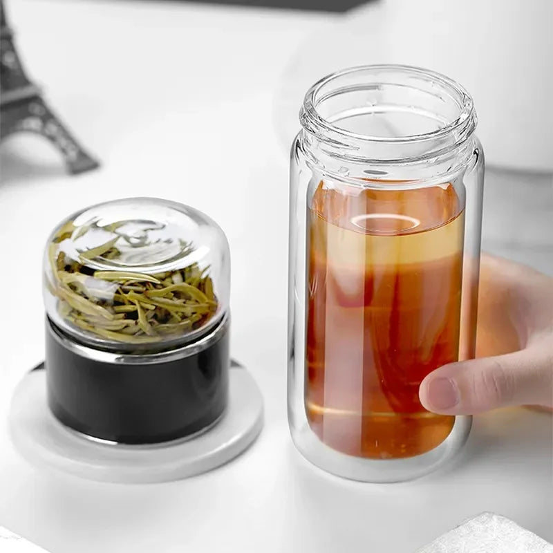 420ML Double Layer Borosilicate Glass Tea Water Bottle with Infuser - Leakproof Drinkware