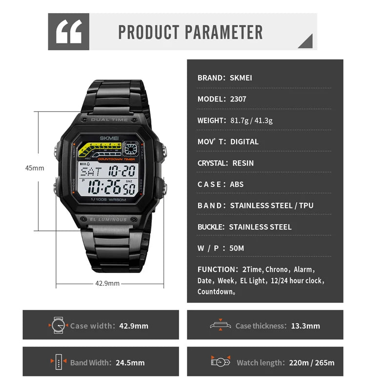 Digital Sport Watch Waterproof Men's LED Countdown Wristwatch - Shockproof