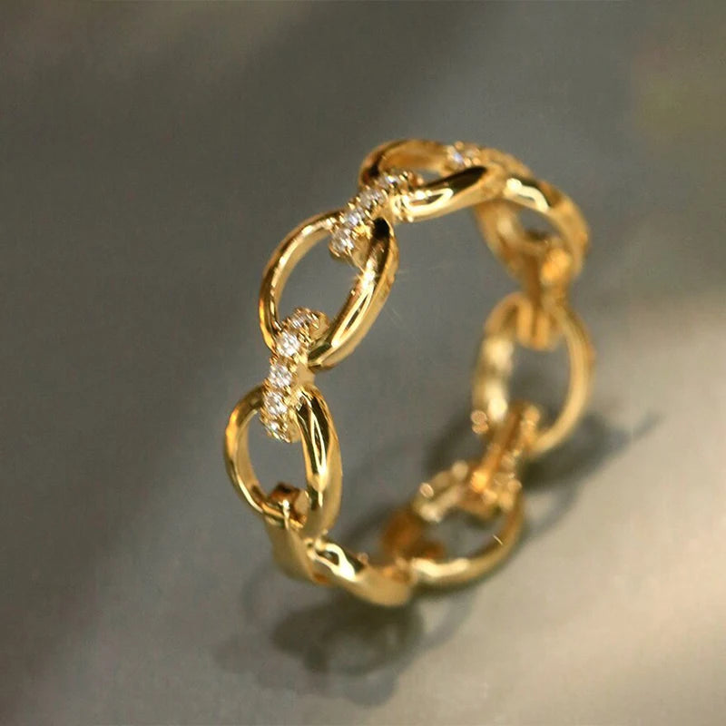 Women’s Chain Link Wedding Engagement Ring with CZ - Versatile Gold Color Jewelry