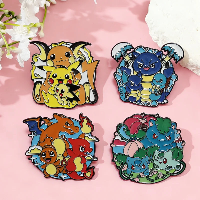4-Piece Pokemon Enamel Pins Set - Anime Pikachu Bulbasaur Charizard Badge Brooch