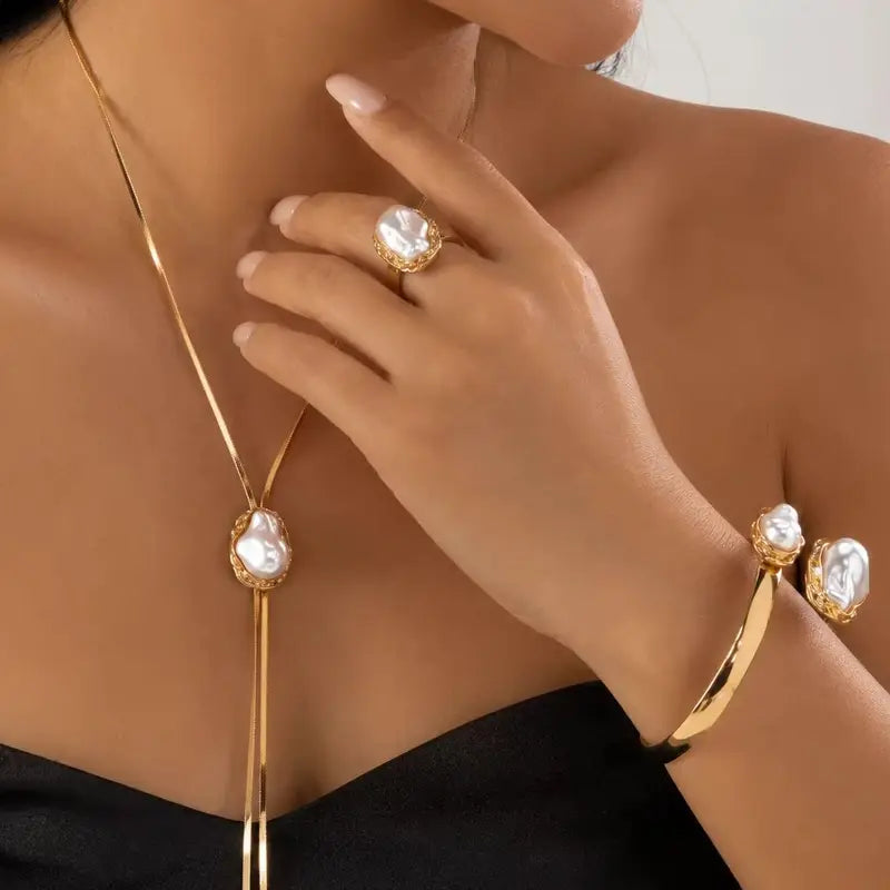 Elegant Pearl Jewelry Set for Women Vintage Snake Chain Necklace Open Cuff Bangle & Ring