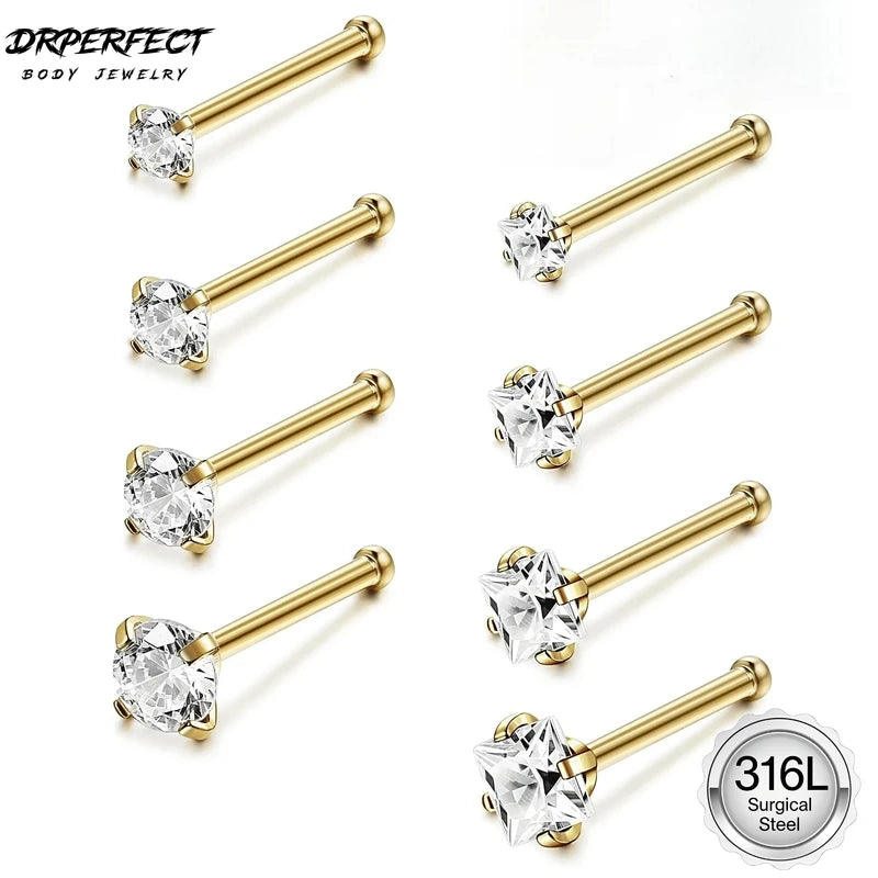 Hypoallergenic Nose Piercing Jewelry Studs for Women Men - Surgical Steel Cubic Zirconia