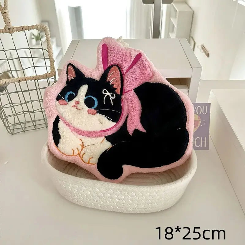 Cute Cat Hand Towel Coral Fleece Absorbent Bathroom Kitchen Washcloth
