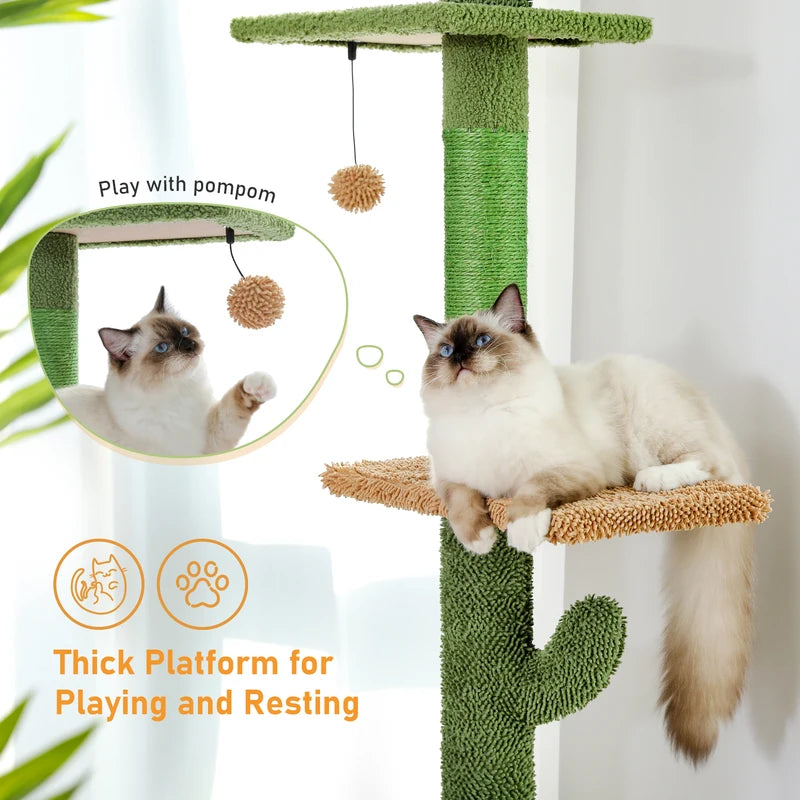 Tall Floor to Ceiling Cat Tree with Cactus Design, Scratching Posts & Hammock