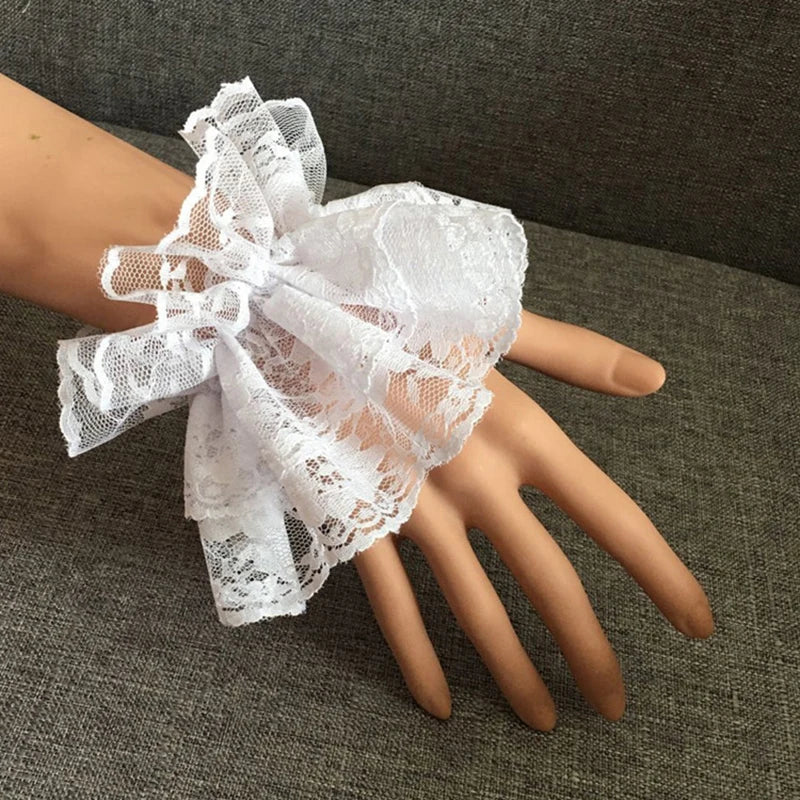 Elegant Lace Wrist Cuffs - Ruffled Floral Short Bridal Gloves for Women