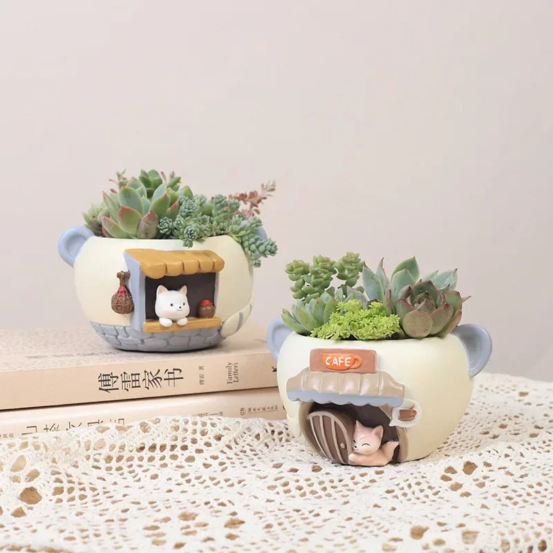 Cute Kitty Fox Small Plant Pot - Resin Succulent Planter for Home Office Decor