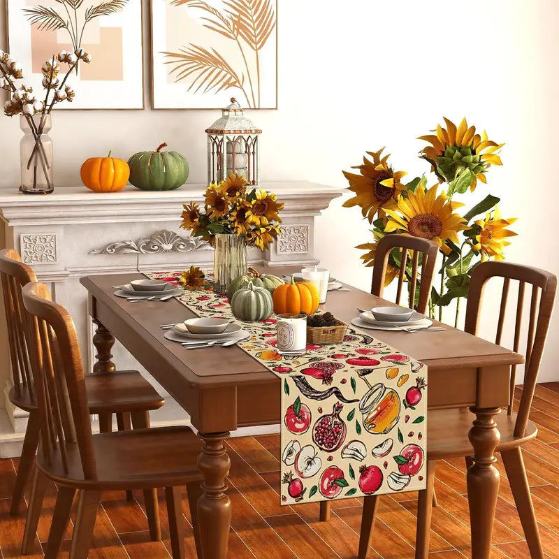 Linen Table Runner for Holidays Weddings & Events - Pomegranate Honey Shofar Design