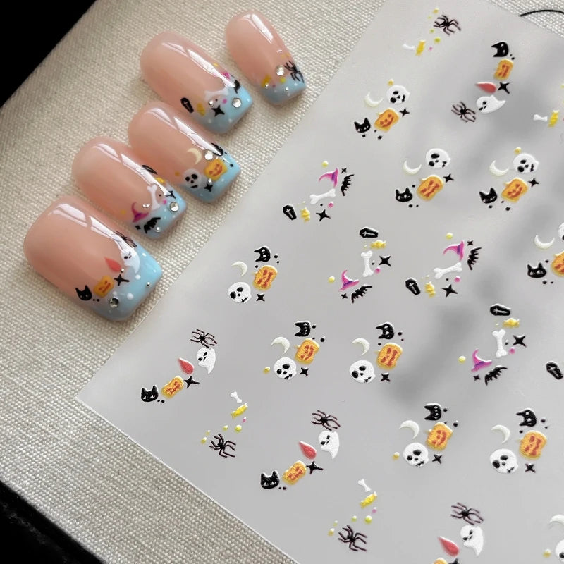 Halloween Nail Charms Stickers - Skull, Cat, Bat, Moon, Starburst, Coffin, Wizard Hat, Bones, Crescent Decor