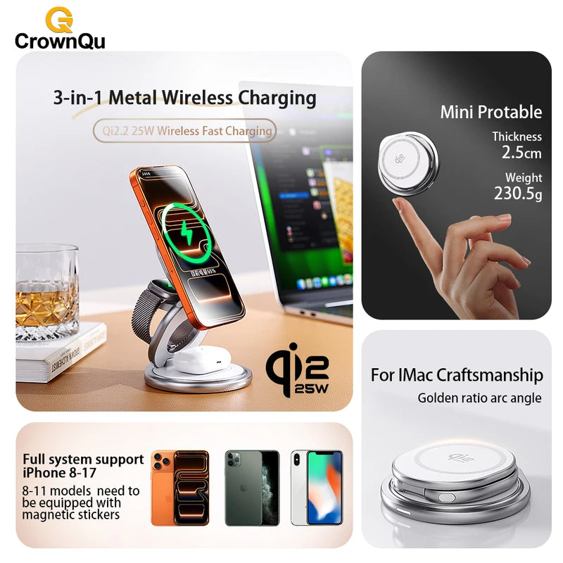 Wireless Charger Stand Qi2.2 25W Fast Charging Dock for iPhone, Watch, Earbuds - Metal, 360° Rotation