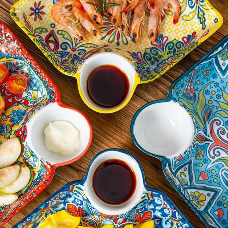 Bohemian Ceramic Dumpling Plate with Vinegar Dish - Segmented Breakfast Serving Plate