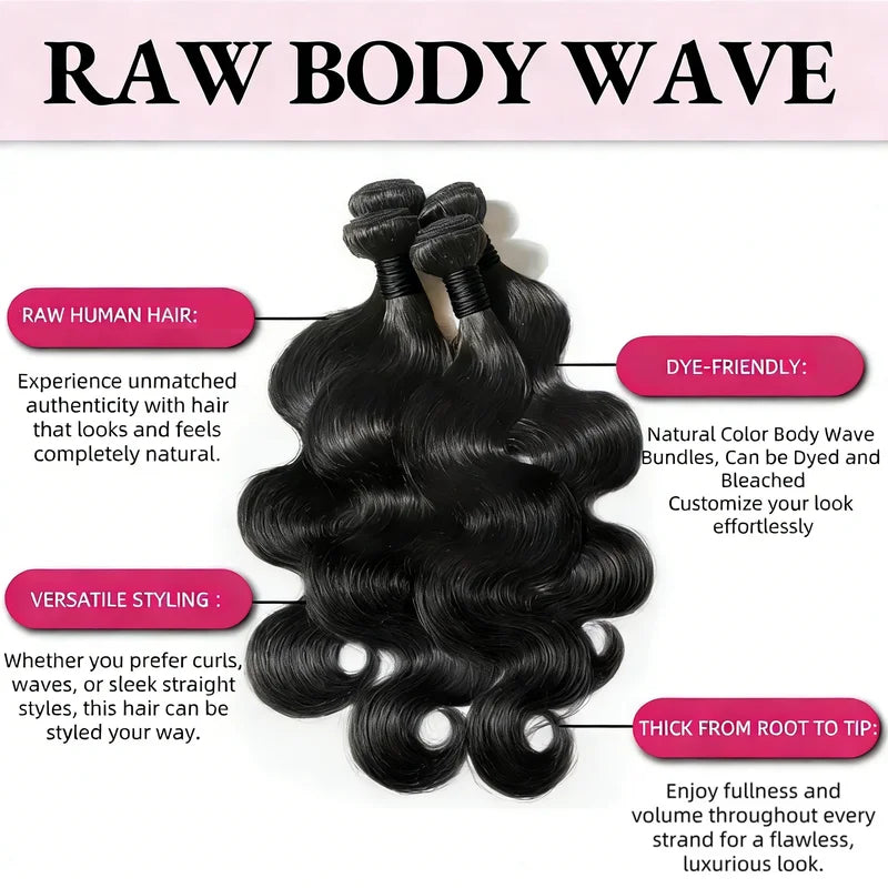 Brazilian Body Wave Hair Extensions Bundle 16A Raw Human Hair - Natural Black