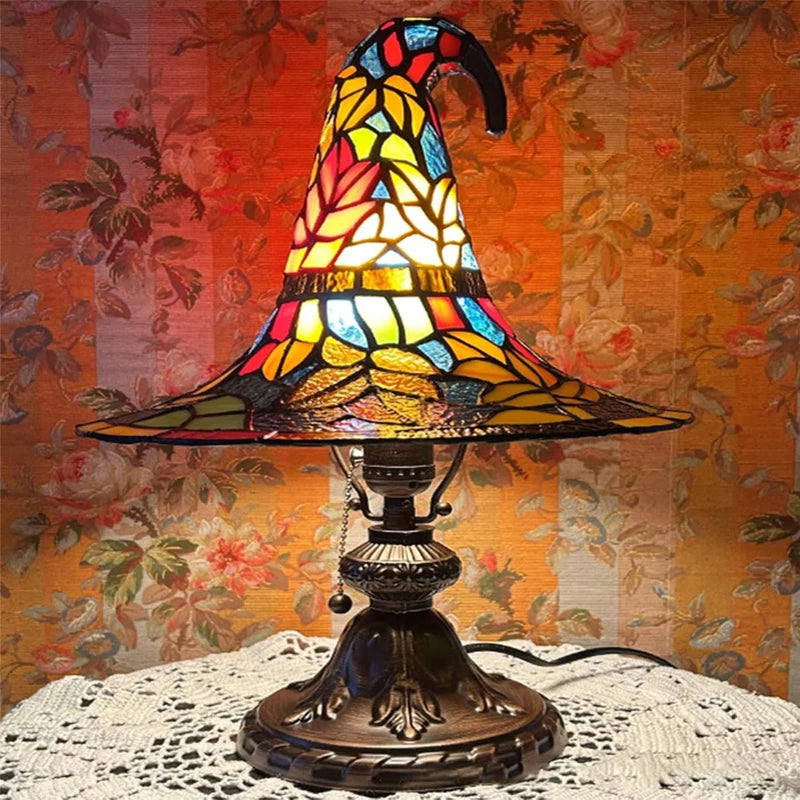 Stained Glass Witch Hat Night Light - USB Powered Table Lamp for Bedroom & Living Room Decor