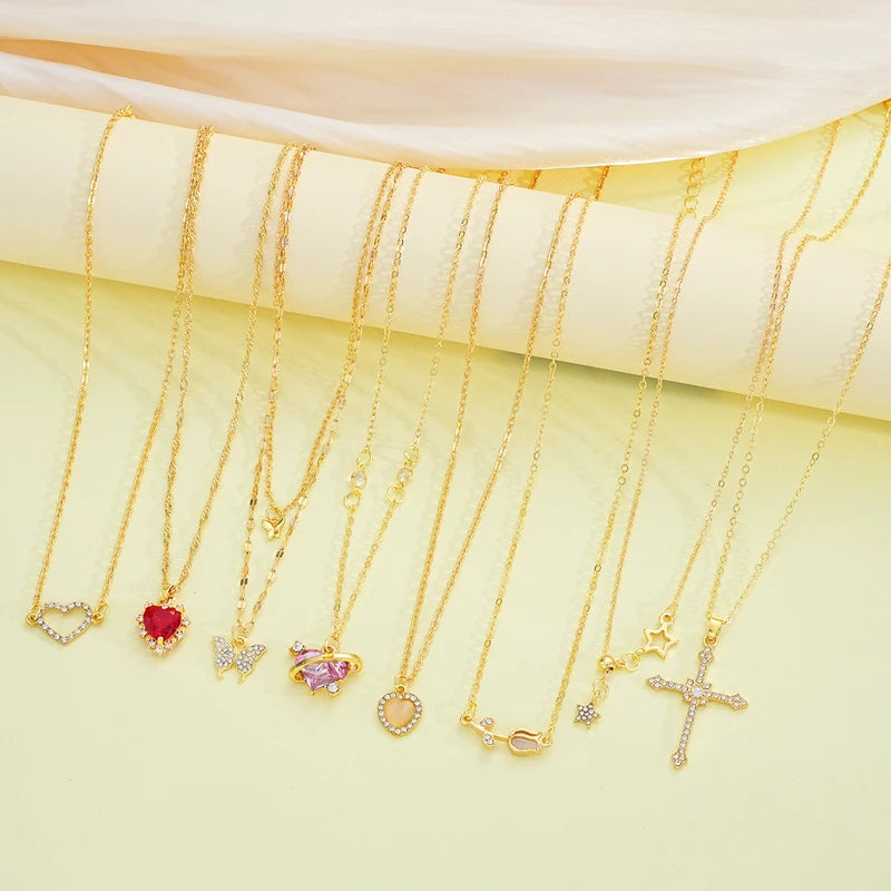 8-Piece Necklace Set for Women - Elegant Gold Tone Pendant Jewelry with Butterfly Heart Rose & Star Charms