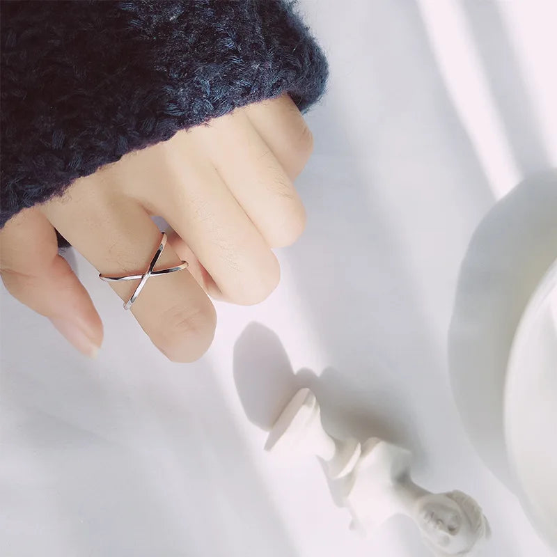 Geometric Sterling Silver Women's Open Ring - Irregular Cross Design Gift