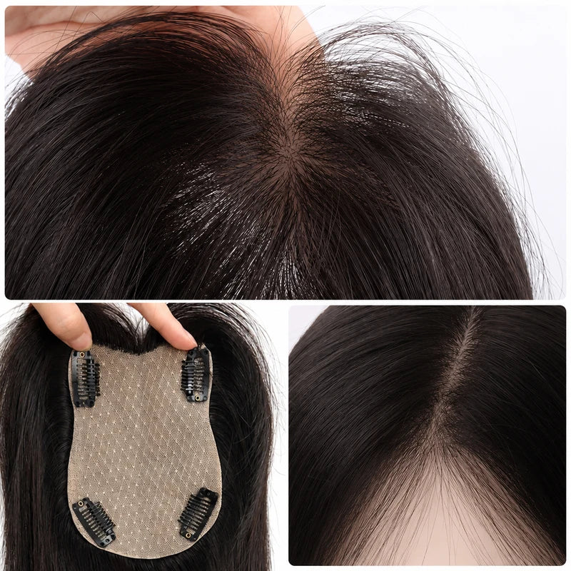 Breathable Skin Silk Base Hair Topper for Women - Virgin Human Hair Cover with Clips