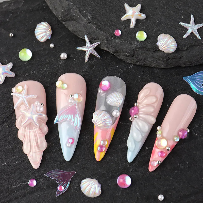 Summer Ocean Nail Charms Set with Shell Starfish Fish Pearl Beads Mermaid Decor for Manicure