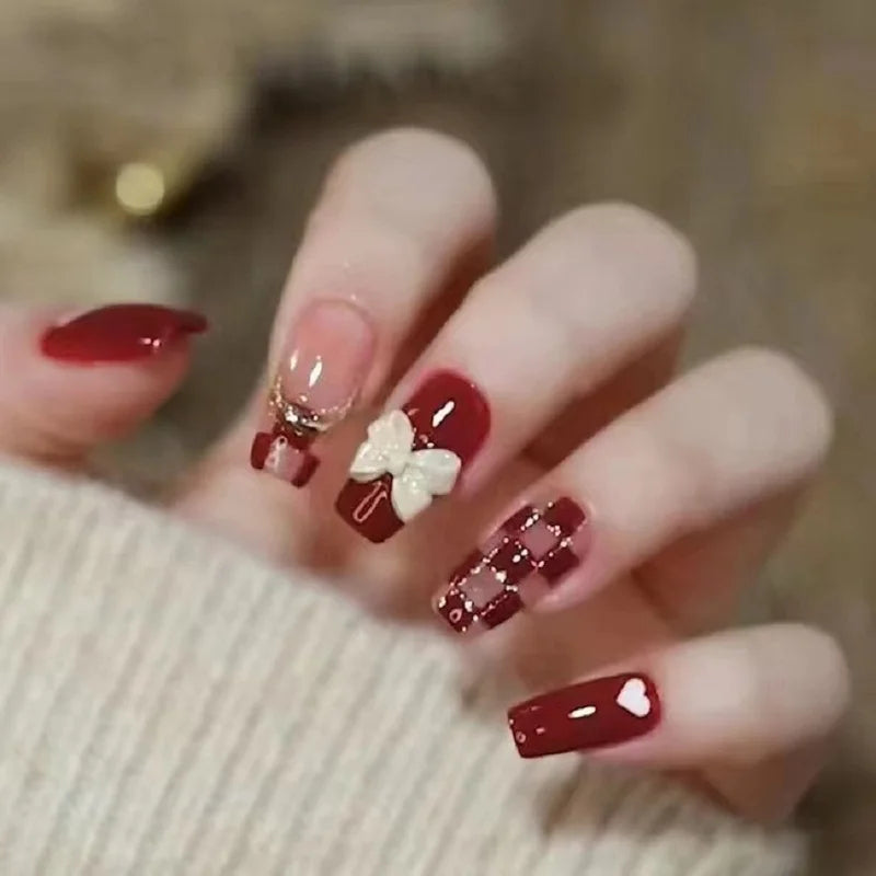 24PCS Red Bow Gold Powder Checkerboard Fake Nails Set