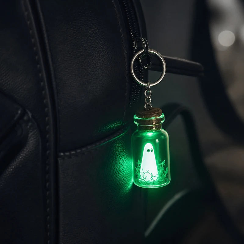 Glow-in-the-Dark Ghost Keychain with Glass Bottle Pendant - Halloween Jewelry Gift