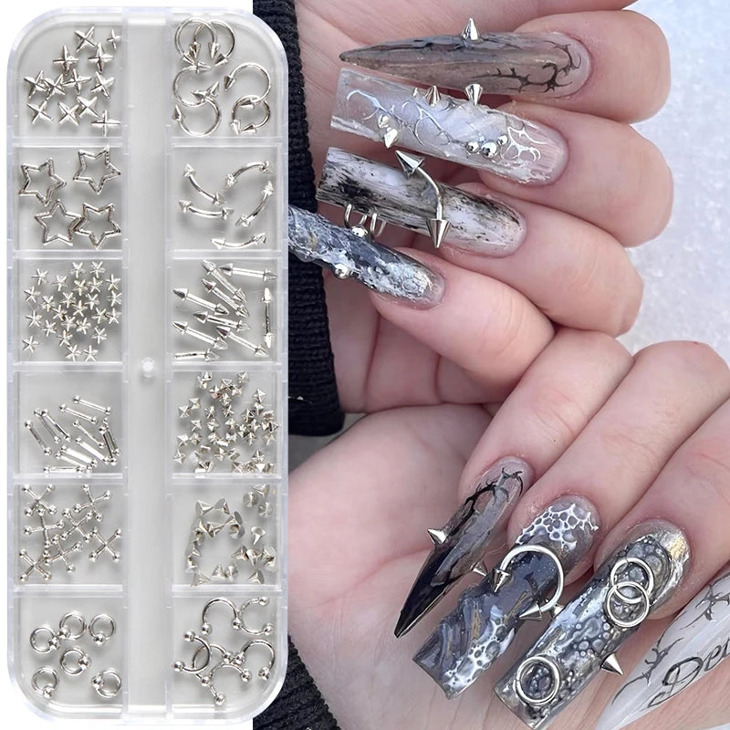 12-Grid Metallic Nail Charms Set - Punk Gothic 3D Studs & Rivets for Nails