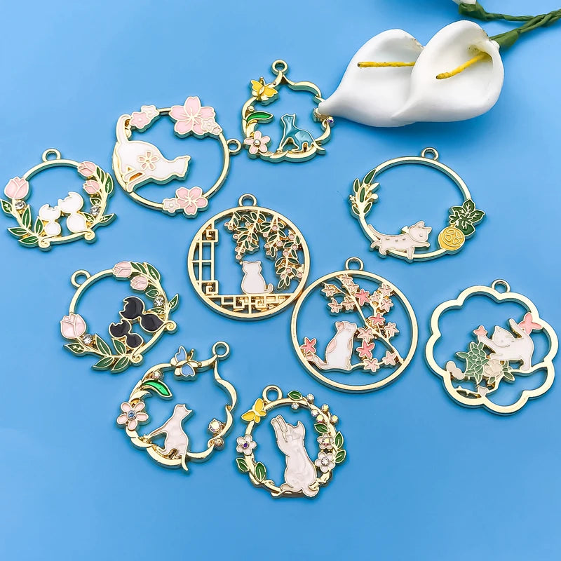10pcs Alloy Pendant Set with Enamel Leaf and Cat Charms for DIY Jewelry Making