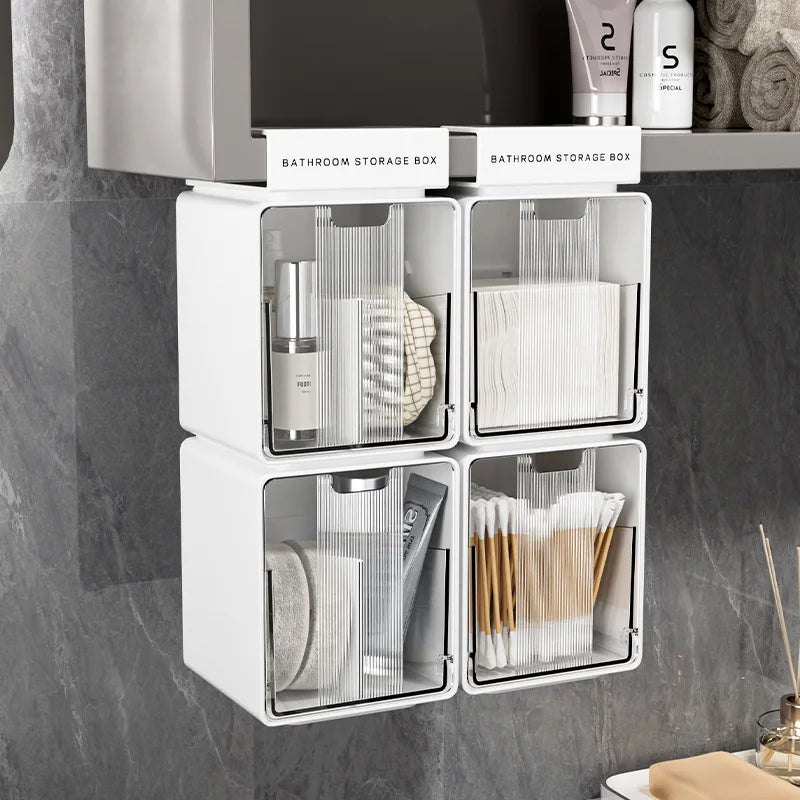 Clear Pull-Out Bathroom Storage Box for Cotton Swabs & Pads - No-Drill Organizer