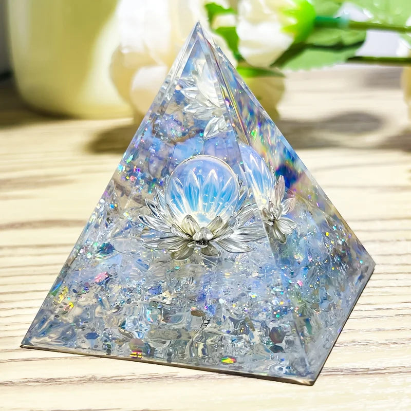 Decorative White Lotus Flower Opal Pyramid for Home Interior Energy & Decor