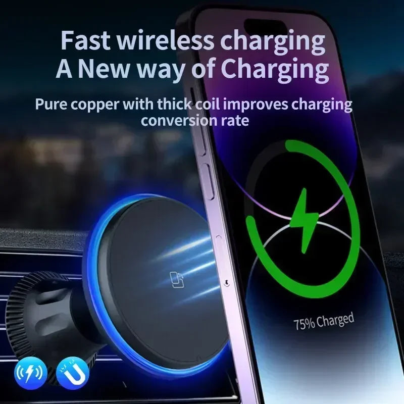 Magnetic Wireless Car Charger Mount with RGB Lighting for iPhone 12-17 - Fast Charging