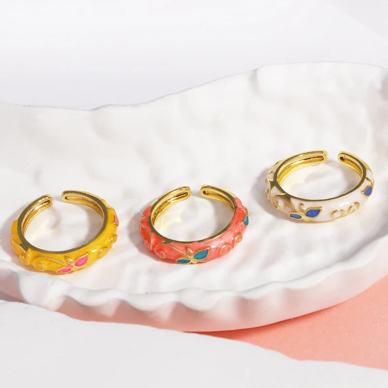 Vintage Enamel Flower Adjustable Ring for Women Wedding Jewelry