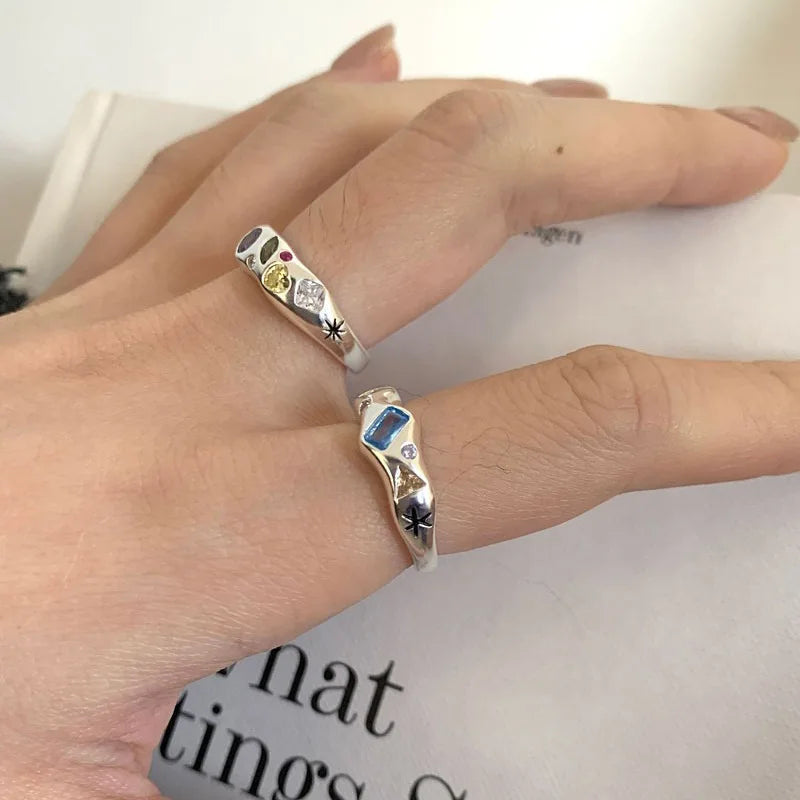 Colorful Heart Stone Silver Ring for Women - Open Handmade Jewelry Gift