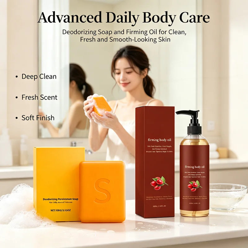 Persimmon Bath Soap & Firming Body Oil Set - Hydrating Deep Clean & Skin Firming
