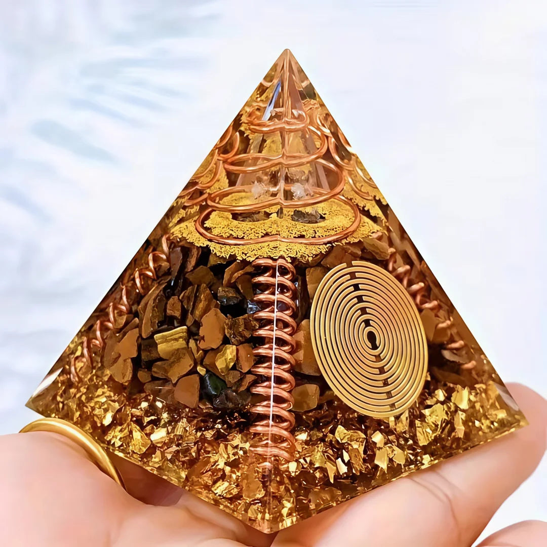 Crystal Pyramid with Tiger Eye Stones for Home Decor, Desktop Ornament