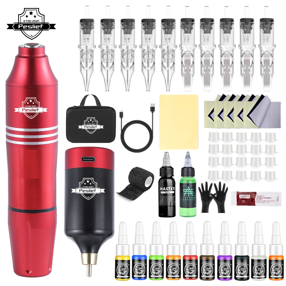 Professional Rotary Tattoo Kit with Power Supply and 10 Cartridge Needles for Beginners & Artists