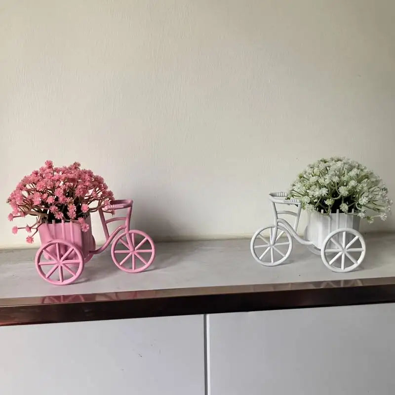Modern Bicycle Flower Basket with Artificial Flowers for Home Decor - White, Blue, Pink
