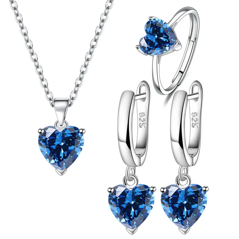 Sterling Silver Jewelry Set for Women Heart Zircon Ring Earrings Necklace Bridal Wedding