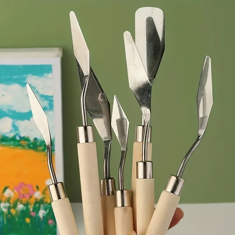 Art Oil Painting Spatula Palette Knife Set - Wooden Flat Head & Pointed Steel Pick